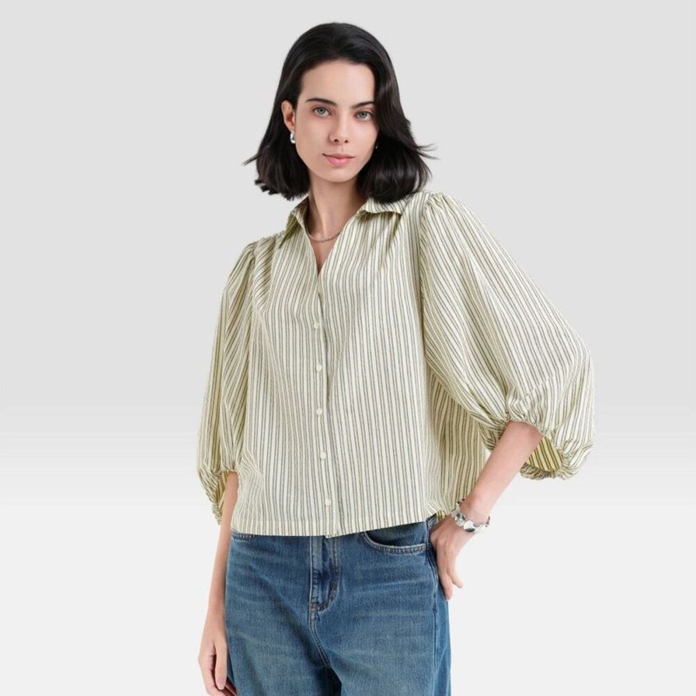 Women's Lantern Puff Elbow Sleeve Collared Neck Blouse - Yellow Striped XS